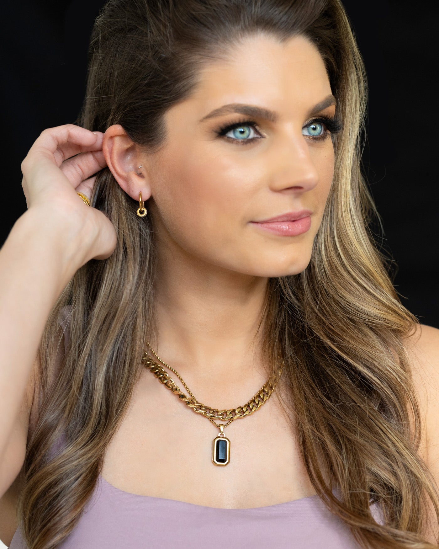 Black Onyx Rolo Necklace Gold